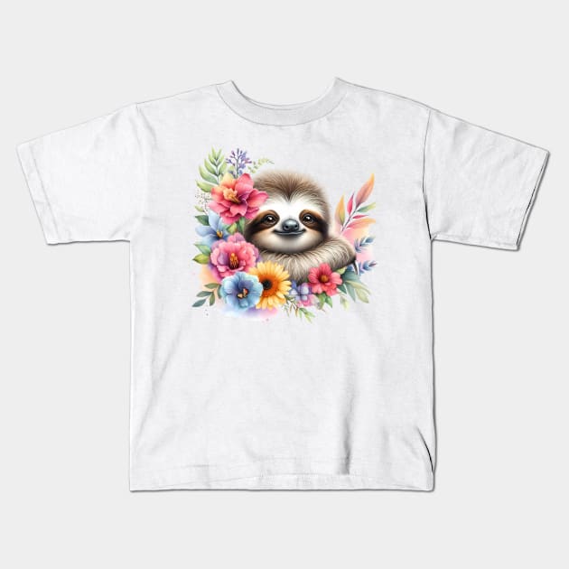 A sloth decorated with beautiful colorful flowers. Kids T-Shirt by CreativeSparkzz